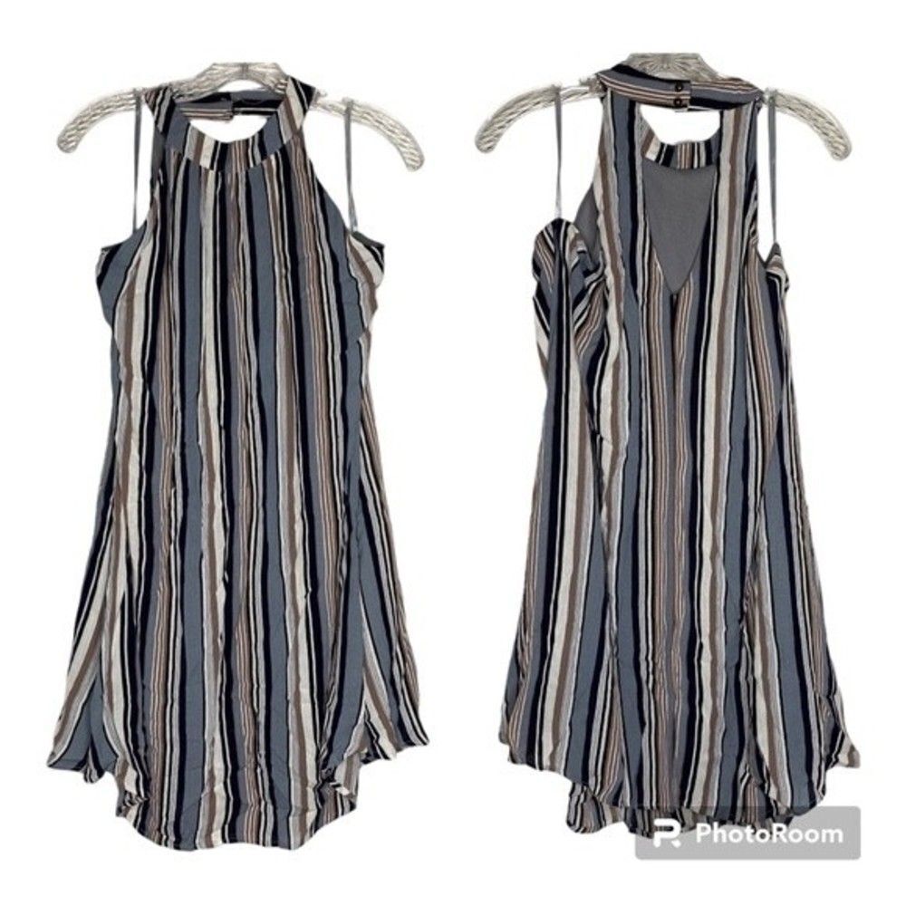 FSL Apparel Blue Brown White Striped Sleeveless Halter Shift Dress Neutral Small